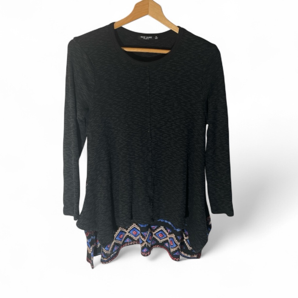 F1- Max Studio Black Long Sleeve Top with Geometric Hem Women’s Small